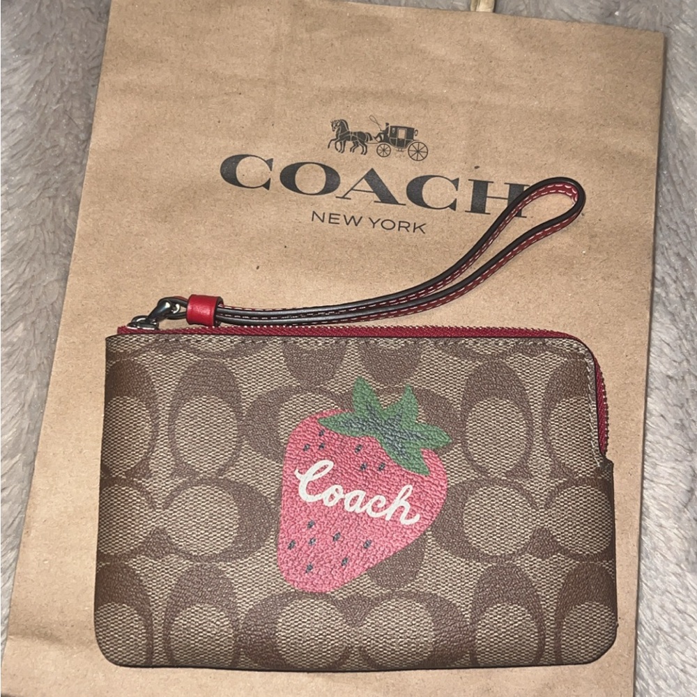Coach Brown Wristlet with Strawberry Design